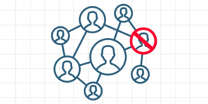 Graphic of interconnected people icons with one marked with red circle and line through it.